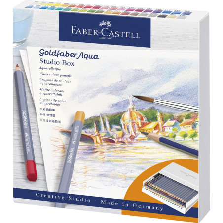 FABER-CASTELL 114616 - Crayons aquarellables Goldfaber Aqua, coffret d'atelier de 38 pièces avec accessoires, colorés