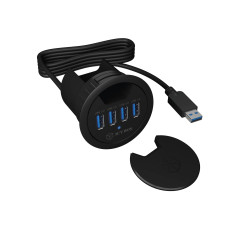 ICY BOX Hub USB de bureau (60 mm) à encastrer, 4 Ports USB 3.0, Passage de câble, Prise d'alimentation 5 V disponible, Noir, IB-