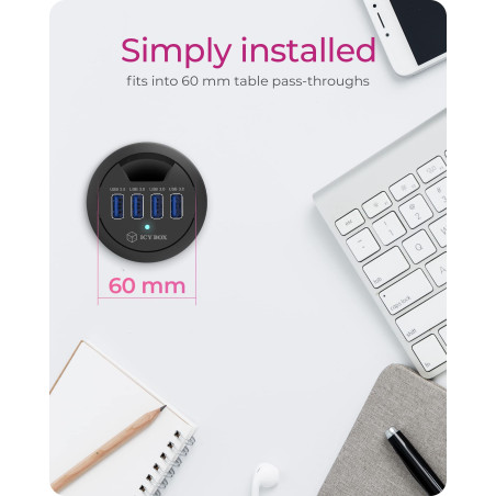 ICY BOX Hub USB de bureau (60 mm) à encastrer, 4 Ports USB 3.0, Passage de câble, Prise d'alimentation 5 V disponible, Noir, IB-