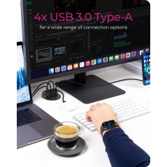 ICY BOX Hub USB de bureau (60 mm) à encastrer, 4 Ports USB 3.0, Passage de câble, Prise d'alimentation 5 V disponible, Noir, IB-