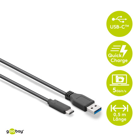 Goobay 67999 C?ble USB-C Vers USB A 3.0, Noir, 0.5m Longueur