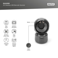DIGITUS DA-81005 - Scanner de Codes-Barres 2D - Scanner de Bureau omnidirectionnel - 200 Scans/s - 10 cm de Lecture - câble USB