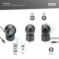 DIGITUS DA-81005 - Scanner de Codes-Barres 2D - Scanner de Bureau omnidirectionnel - 200 Scans/s - 10 cm de Lecture - câble USB 