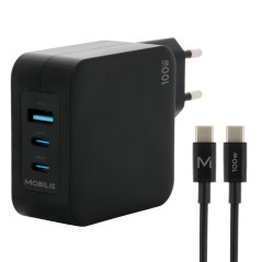 MOBILIS Chargeur Secteur GaN 100W avec Câble 2m 2 USB-C + 1 USB-A, Adaptateur Charge Mural Rapide pour PC, Tablette & Smartphone