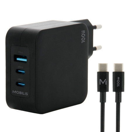 MOBILIS Chargeur Secteur GaN 100W avec Câble 2m 2 USB-C + 1 USB-A, Adaptateur Charge Mural Rapide pour PC, Tablette & Smartphone