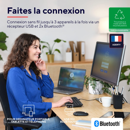 Trust Lyra Clavier sans Fil Bluetooth, AZERTY Français, 85% Plastique Recyclé, Mini Clavier Rechargeable Multi-appareils pour PC