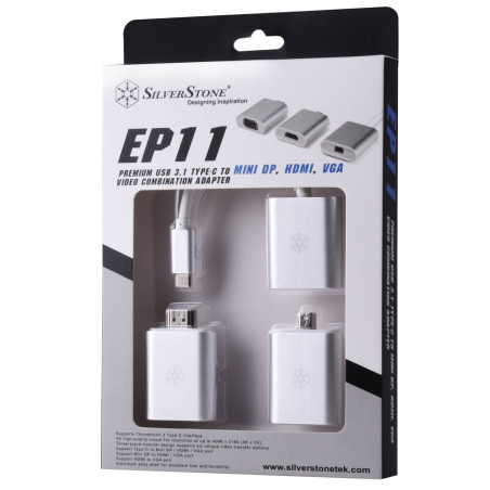 SilverStone SST-EP11S - Adaptateur versatile supporte Type-C vers MiniDP, Type-C vers HDMI, Type-C vers VGA, MiniDP vers HDMI, M