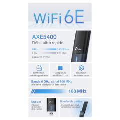 TP-Link Archer TXE70UH Clé USB Wi-FI 6E AXE5400 Tri-Bande, USB 3.0, Antennes Haut Gain, Ultra Faible Latence, WPA3, Compatible P