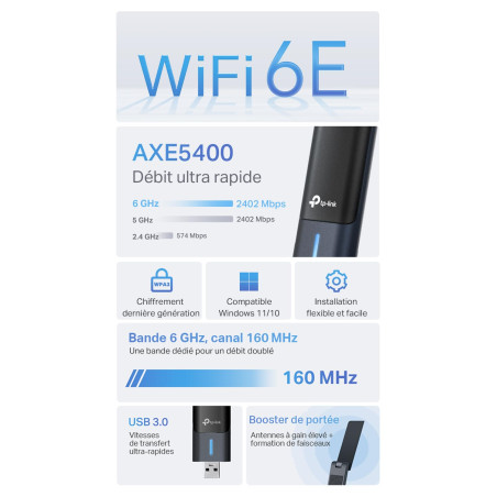 TP-Link Archer TXE70UH Clé USB Wi-FI 6E AXE5400 Tri-Bande, USB 3.0, Antennes Haut Gain, Ultra Faible Latence, WPA3, Compatible P