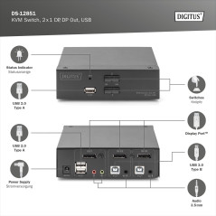 DIGITUS Displayport KVM Switch - 2-Port Single-Display - 2 PC 1 écran - 1x Souris, Clavier & Audio pour 2 Ordinateurs - UHD 4K@6