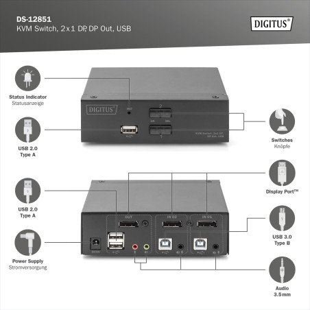 DIGITUS Displayport KVM Switch - 2-Port Single-Display - 2 PC 1 écran - 1x Souris, Clavier & Audio pour 2 Ordinateurs - UHD 4K@6