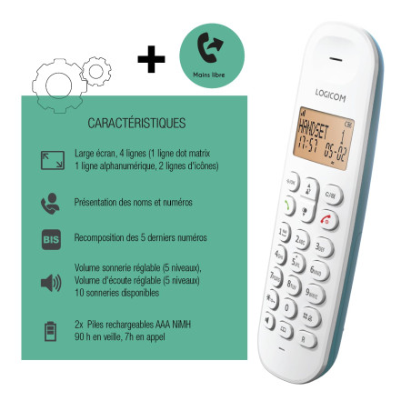 Téléphone Fixe sans Fil - LOGICOM - DECT ILOA 150 Solo - Turquoise - sans répondeur