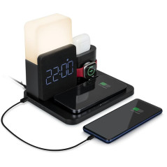 Chargeur sans Fil 15W Qi + 10W Qi Smartphone + Apple Watch + Réveil + Lampe + Câble USB A/C Noire Bigben