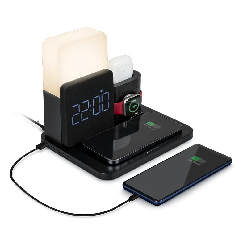Chargeur sans Fil 15W Qi + 10W Qi Smartphone + Apple Watch + Réveil + Lampe + Câble USB A/C Noire Bigben Chargeur sans Fil 15W Qi + 10W Qi Smartphone + Apple Watch + Réveil + Lampe + Câble USB A/C Noire Bigben