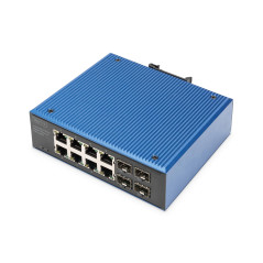 DIGITUS Commutateur réseau PoE - 12 Ports Gigabit Ethernet - 8X RJ45 + 4X SFP - IP40 - 10/100/1000 Mbit/s - Montage sur Rail - s
