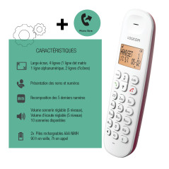 Téléphone Fixe sans Fil - LOGICOM - DECT ILOA 150 Solo - Framboise - sans répondeur