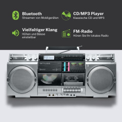 Muse M-380GBS Boombox Cassettes rétro avec Lecteur CD, AUX et Bluetooth, Compatible Smartphone, enregistreur Cassette, Design Vi