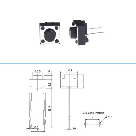 Interrupteur à bouton tactile, 6 x 6 x 5 mm, horizontal, 3,5 mm de long, 2 broches, 50 spst interrupteur à bouton, pour plaque d