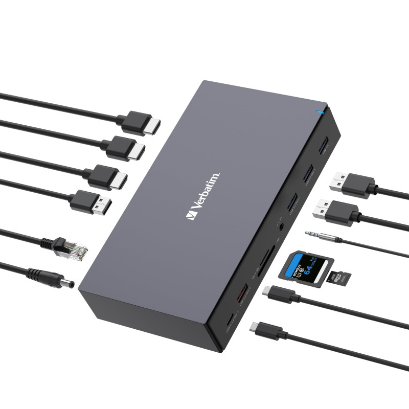 Verbatim USB-C Pro Station d'accueil 17 en 1 Hub multiport vers HDMI 4K et 8K, USB-A et USB-C, PD 100 W, AUX, Lecteur de Cartes, Verbatim USB-C Pro Station d'accueil 17 en 1 Hub multiport vers HDMI 4K et 8K, USB-A et USB-C, PD 100 W, AUX, Lecteur de Cartes,