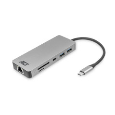 ACT AC7092 Station d'accueil USB C 8 en 1 avec boîtier en aluminium, 4K @ 30 Hz, HDMI, 3 ports USB 3.0, USB type C 100 W PD, LAN