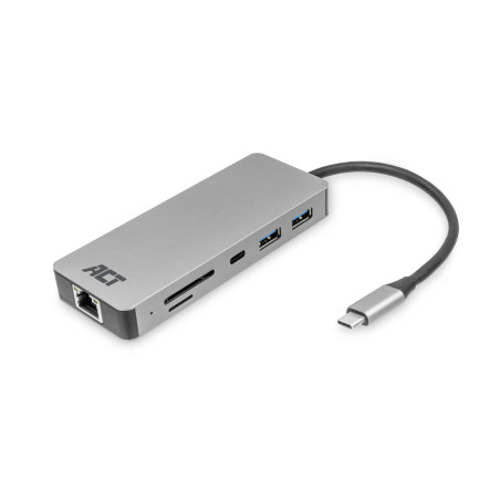 ACT AC7092 Station d'accueil USB C 8 en 1 avec boîtier en aluminium, 4K @ 30 Hz, HDMI, 3 ports USB 3.0, USB type C 100 W PD, LAN