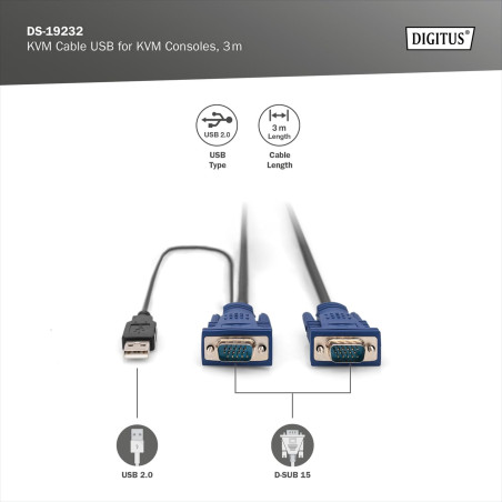 DIGITUS câble KVM - 2x port VGA, 1x port USB 2.0-3 m - Convient pour : DS-720xx et DS-23100-1, DS-23200-1, DS-23300-1 - Noir
