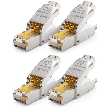 deleyCON 4x CAT 8 Prise Réseau RJ45 Sans Outil Prise Réseau 40 Gbit/s Blindée pour Câbles d'Installation Rigides de Câble Brut C