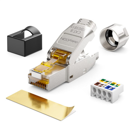 deleyCON 4x CAT 8 Prise Réseau RJ45 Sans Outil Prise Réseau 40 Gbit/s Blindée pour Câbles d'Installation Rigides de Câble Brut C