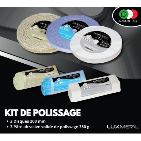 Lux Metal - Kit 3 Disques de Polissage de 200 mm et 3 Pâtes Abrasives de 350 gr - Parfaits pour polir des métaux tels que l'alum