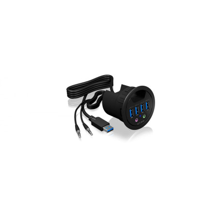 ICY BOX Hub USB de bureau (60 mm) à encastrer, 4 Ports USB 3.0, Entrée/sortie audio, Passe-câble, Noir, IB-Hub1403A