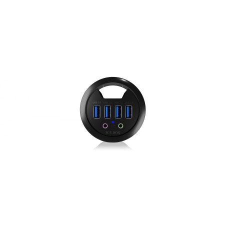 ICY BOX Hub USB de bureau (60 mm) à encastrer, 4 Ports USB 3.0, Entrée/sortie audio, Passe-câble, Noir, IB-Hub1403A