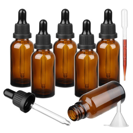 Hyber&Cara 6 X 30ml Flacons en verre ambre avec pipettes, Bouteilles compte-gouttes en verre brun vides pour les huiles essentie
