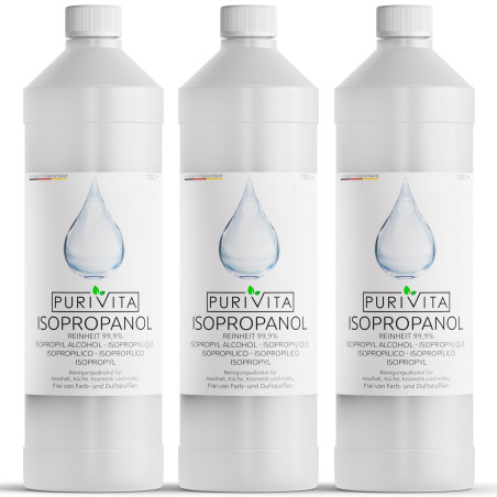 PURIVITA® Alcool Isopropylique 99,9% [3x1L] - Isopropanol Alcohol - Alcool Menager & Desinfectant - Isopropyl Rubbing Alcohol 99