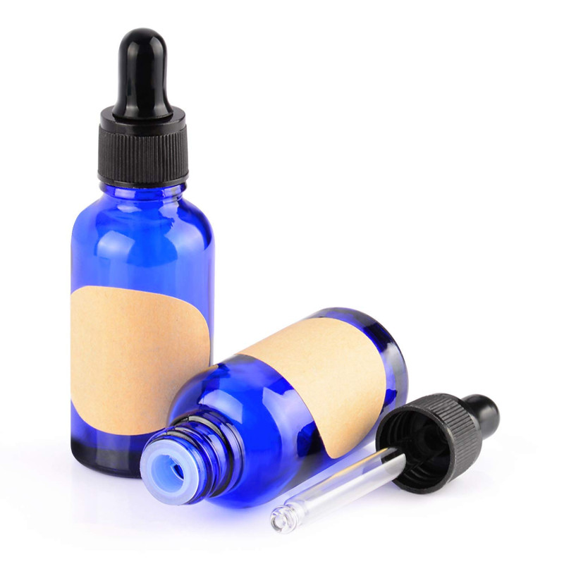 StonyLab Lot de 2 flacons compte-gouttes en verre bleu, bouchon intérieur et étiquette pour huiles essentielles, aromathérapie e