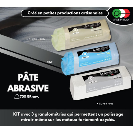 Lux Metal 3 Pate a polir abrasive 700g A-B-C Fin Moyen Gros Kit de Polissage Metal Acier Inox Alu pour Aluminium laiton Metaux N