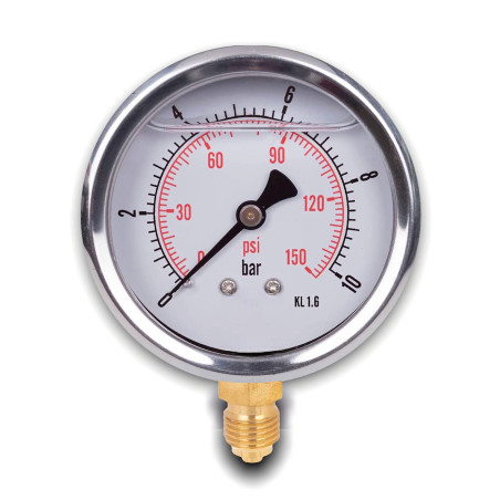 Manomètre glycérine connexion radiale, IP65 inox 63 mm avec connecteur bas, 1/4 glycérine (0-10 bar)