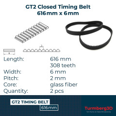 GT2 courroie synchrone/dentée 2GT-6 largeur 6mm, pas 2mm, 2 pièces (616mm)