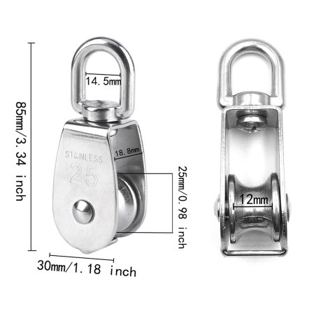 BuxiuGK 2 Pièces 25 mm Poulie Simple Poulie en Acier INOX Poulie de Levage Capacité de la Poulie 150 kg - Argent
