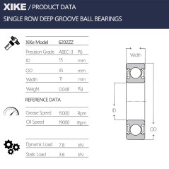 XiKe 6202ZZ Roulements à billes à double étanchéité 15x35x11mm Acier au Chrome et Pré-lubrifiés, 6202-2Z Roulements à billes à g