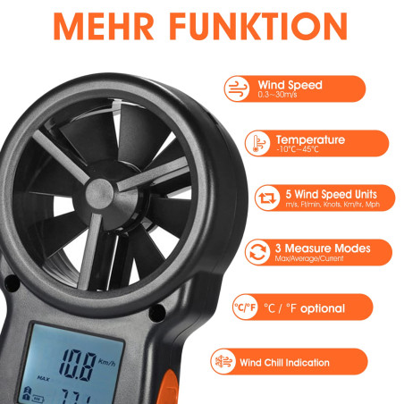 Kethvoz Anémomètre Numérique, vitesse du vent Jauge de débit d'air Mini Anemometre Mesurer la vitesse de l'air pour HVAC Planche