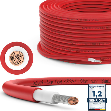 RedStar24 Câble Solaire Premium 4mm² Rouge 20m - Résistant UV, Flexible, Photovoltaïque, PV pour Panneaux Solaires, Onduleurs &