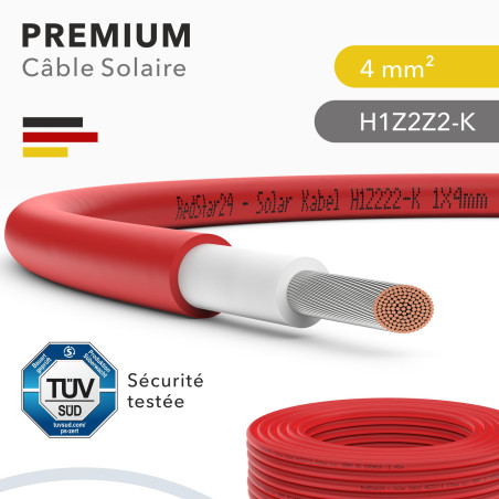 RedStar24 Câble Solaire Premium 4mm² Rouge 20m - Résistant UV, Flexible, Photovoltaïque, PV pour Panneaux Solaires, Onduleurs &