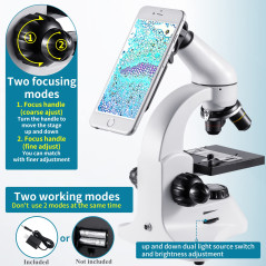 MÉTAL 2000X Deux-Oculaires WF Microscope Optique Professionnel, 80X à 2000X Manuel en Français et Prise UE pour Enfants et Étudi