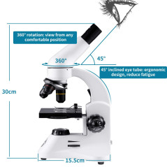 MÉTAL 2000X Deux-Oculaires WF Microscope Optique Professionnel, 80X à 2000X Manuel en Français et Prise UE pour Enfants et Étudi
