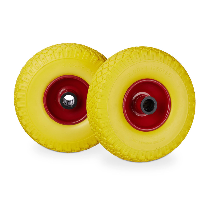 Relaxdays Roue de brouette, caoutchouc, 3.00-4", 2x roue de rechange, pour axe de 25 mm, 260x85 mm, jaune-rouge Relaxdays Roue de brouette, caoutchouc, 3.00-4", 2x roue de rechange, pour axe de 25 mm, 260x85 mm, jaune-rouge