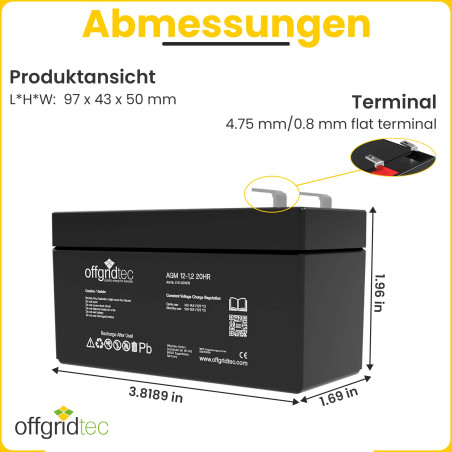 Offgridtec AGM Batterie solaire Extrem zyklenfest 1,2 Ah 20 stünde 12 V, 2–01–001975