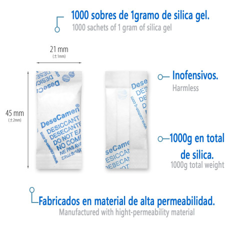 DeseCamen - Gel de silice - (1 gramme 1000 sacs) 1 kg - Paquets Déshumidificateurs - Absorbant l'humidité - Sachets Anti-humidit