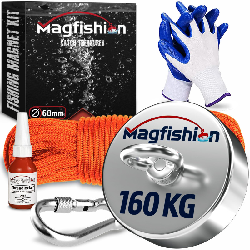 MAGFISHION Aimant Neodyme Puissant - 160 KG - Aimant de Pêche - Ø60mm - Peche a l'aimant avec Corde (20M) et Gants - Kit de Pêch MAGFISHION Aimant Neodyme Puissant - 160 KG - Aimant de Pêche - Ø60mm - Peche a l'aimant avec Corde (20M) et Gants - Kit de Pêch