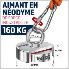 MAGFISHION Aimant Neodyme Puissant - 160 KG - Aimant de Pêche - Ø60mm - Peche a l'aimant avec Corde (20M) et Gants - Kit de Pêch