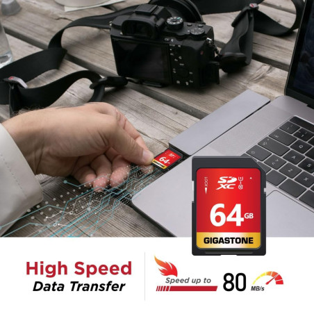 Gigastone 64 Go SDXC Carte Mémoire, Prime Série, Vitesse de Transfert allant jusqu'à 80 Mo/s. pour photos, vidéos, musique, fich
